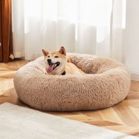 24 Inch Anti-Slip Round Fluffy Plush Faux Fur Cat Bed, Fits up to 25 lbs Pets (size: Brown/XL)